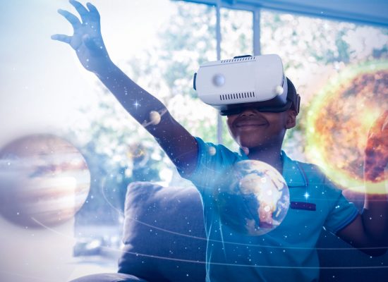 Composite image of solar system against white background against boy wearing virtual reality headset gesturing at home